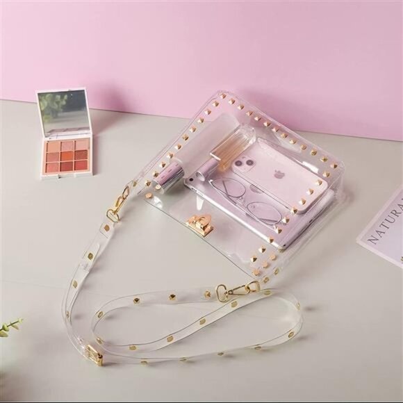 Transparent Clutch Crossbody Handbag With Gold Rivets Adjustable Shoulder Strap - Picture 5 of 5